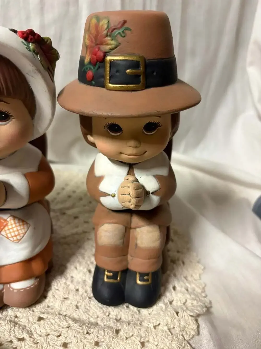 Vintage Thanksgiving Ceramic Figurine Set Pilgrim and Native American Children